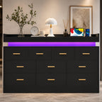 10 Drawer Dresser with Power Outlet & LED Wide Organizer Cabinet Modern Chest Bedroom Living Room Entryway Black, Customized