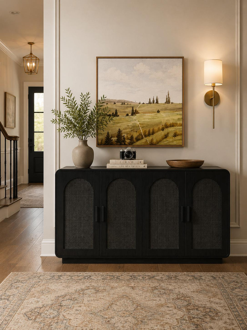 Black Rattan Sideboard with LED Lighting and Power Outlet