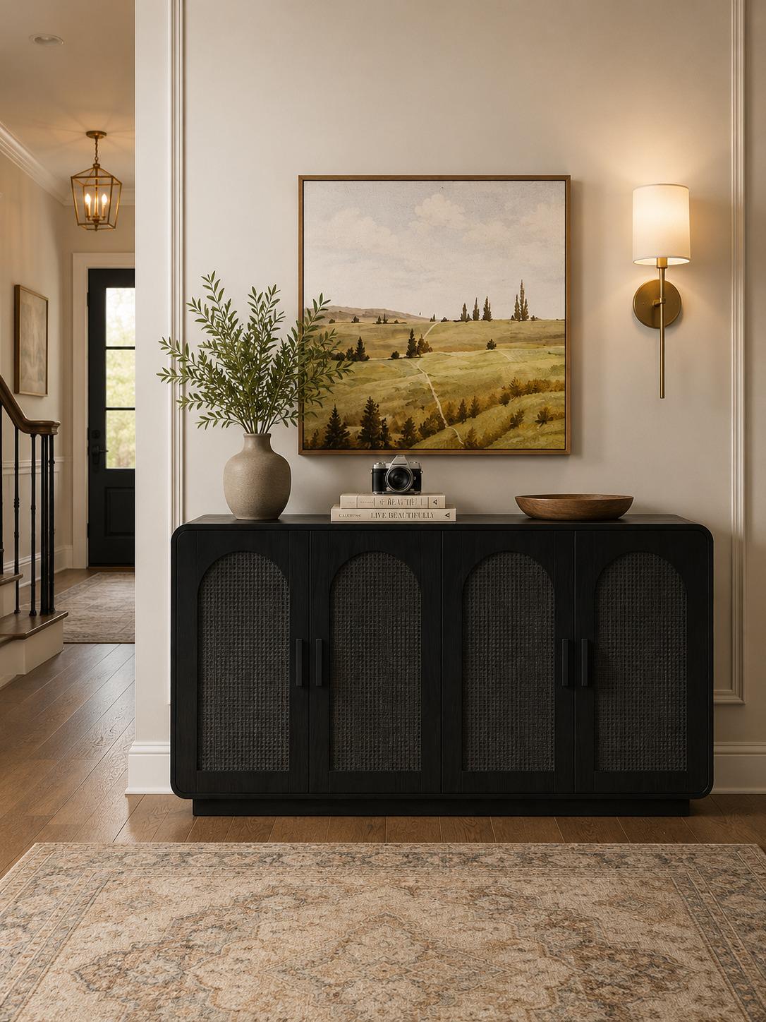 Black Rattan Sideboard with LED Lighting and Power Outlet