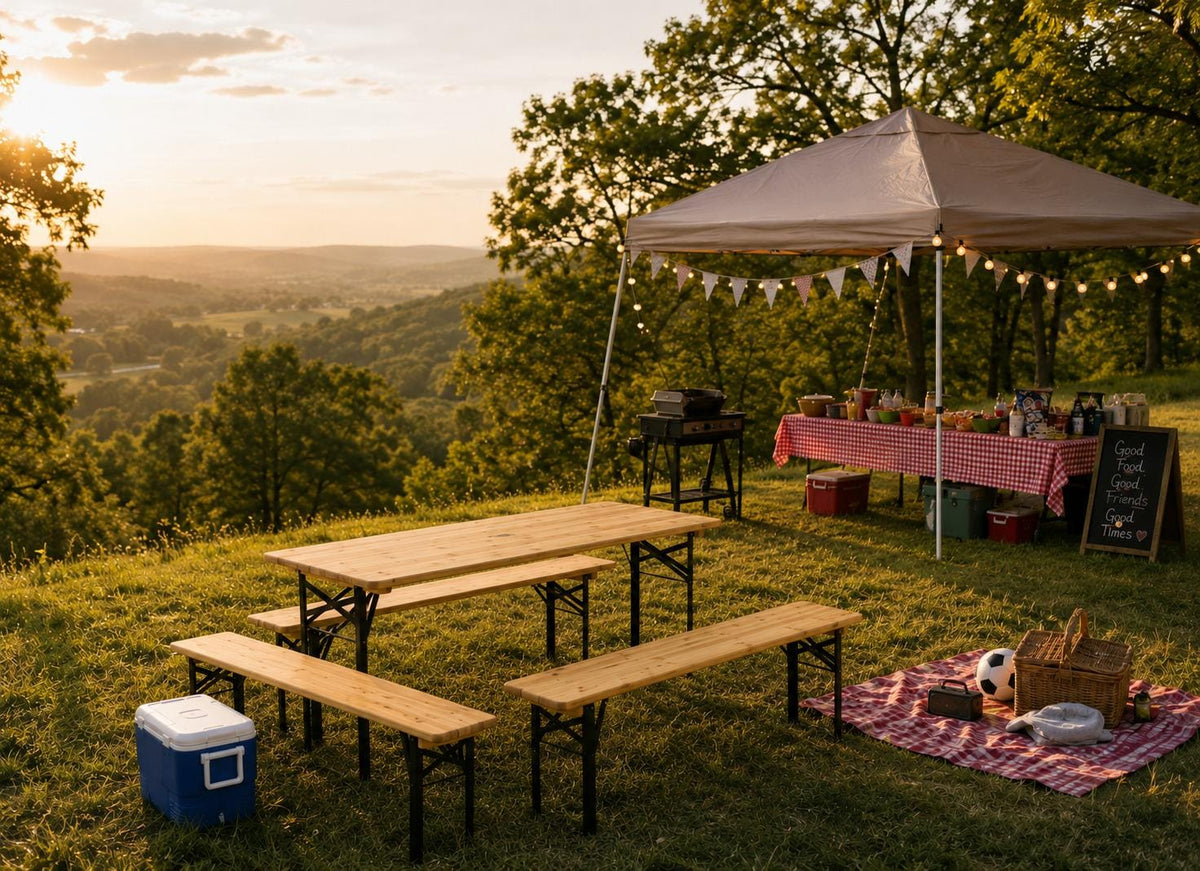6 Foot Folding Picnic Table with Benches, Weather-Resistant Wood Beer Camping Table w/Carrying Handles