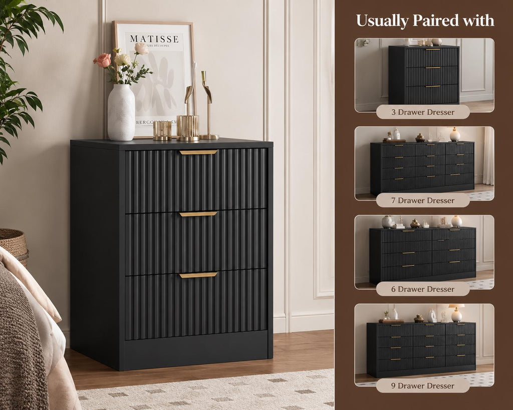 Black Fluted Nightstand Set of 2, 3 Drawer Bedside Tables, Modern End Tables for Bedroom, Living Room Storage Cabinet, Customized