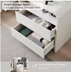 25in Tall Charging Nightstand 23.6in Wood 2 Drawers Mid Century End Table Bedroom Curved White, Customized