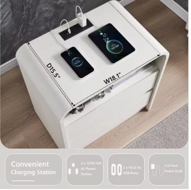 25in Tall Charging Nightstand 23.6in Wood 2 Drawers Mid Century End Table Bedroom Curved White, Customized