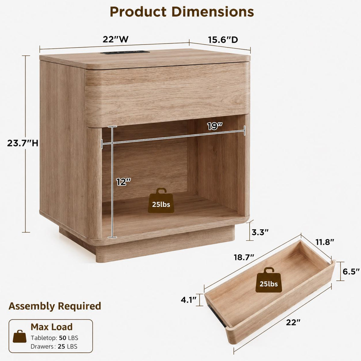 Modern Nightstand Set of 2 with Charging Station, 22" Wood Bedside Tables, Large Drawer & Open Storage Shelf, Bedroom End Tables