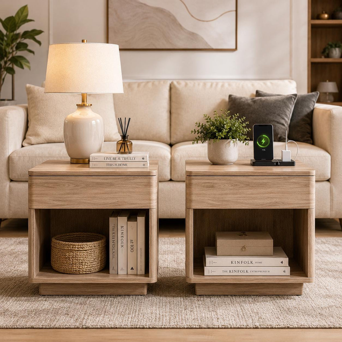 Modern Nightstand Set of 2 with Charging Station, 22" Wood Bedside Tables, Large Drawer & Open Storage Shelf, Bedroom End Tables