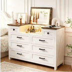 8 Drawer Wood Dresser with Hidden LED Mirror, White Chest of Drawers