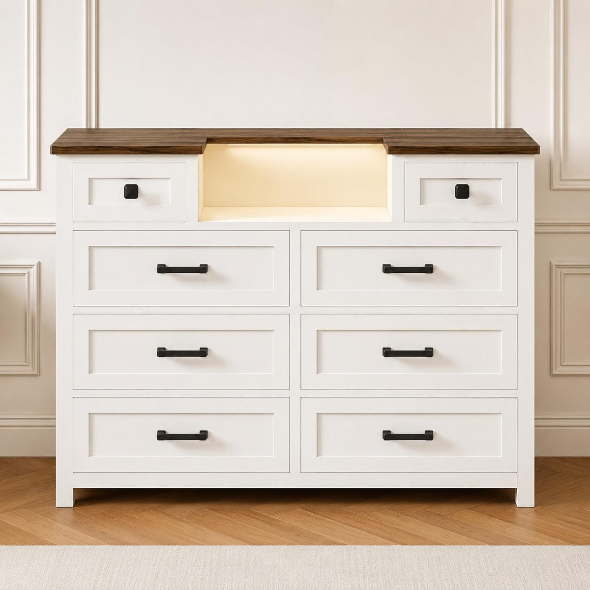 8 Drawer Wood Dresser with Hidden LED Mirror, White Chest of Drawers