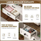 8 Drawer Wood Dresser with Hidden LED Mirror, White Chest of Drawers