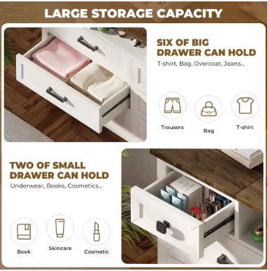 8 Drawer Wood Dresser with Hidden LED Mirror, White Chest of Drawers