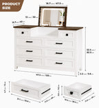 8 Drawer Wood Dresser with Hidden LED Mirror, White Chest of Drawers