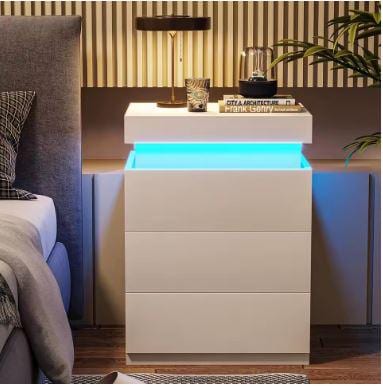 Modern Nightstand with LED Lights and Charging Station – White Marble Finish