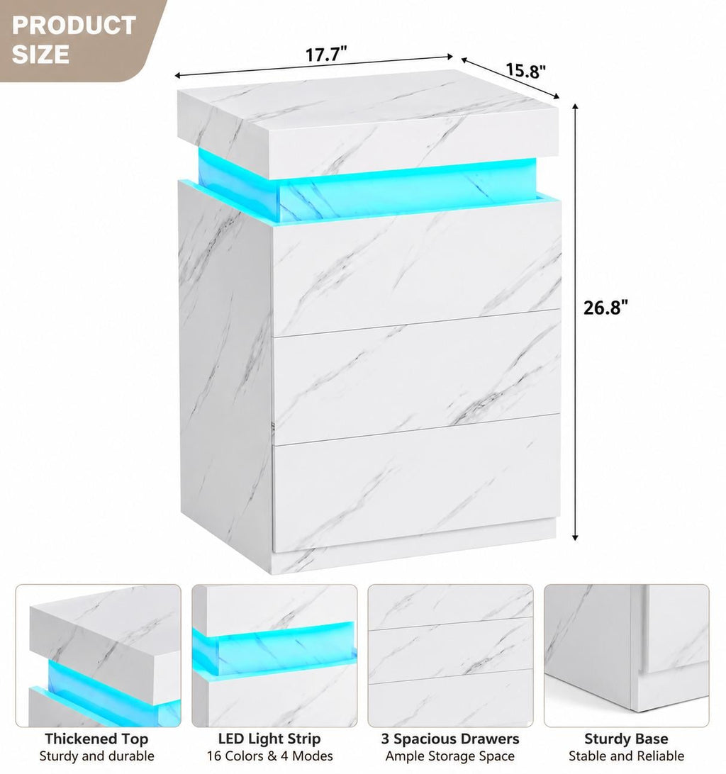 Modern Nightstand with LED Lights and Charging Station – White Marble Finish