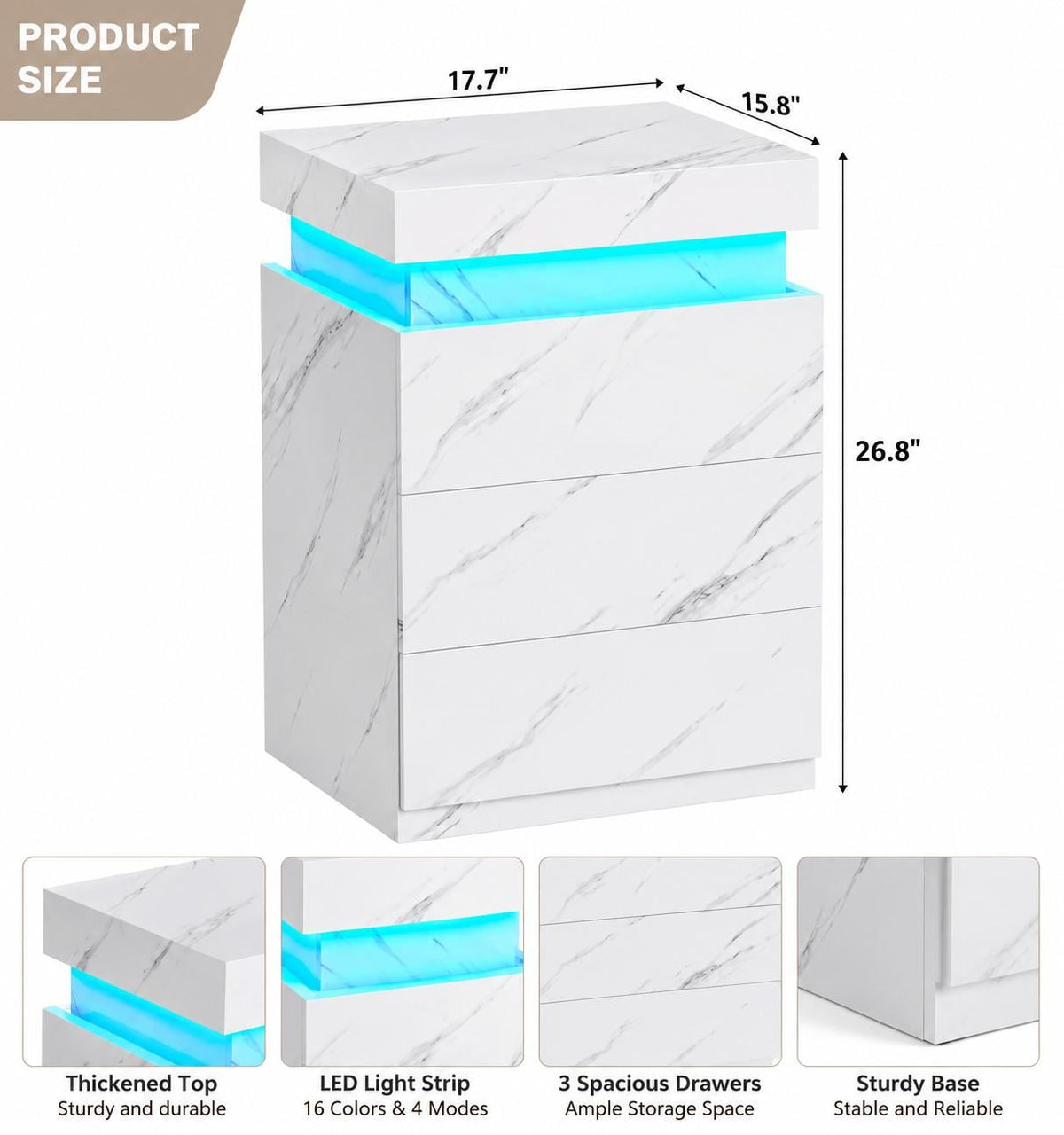 Modern Nightstand with LED Lights and Charging Station – White Marble Finish