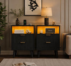 Fluted Nightstand Set of 2 with Charging Station, Black LED Bedside Tables, Modern 2 Drawer End Tables with USB Ports & Open Storage