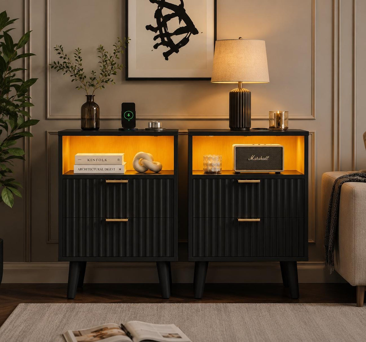 Fluted Nightstand Set of 2 with Charging Station, Black LED Bedside Tables, Modern 2 Drawer End Tables with USB Ports & Open Storage