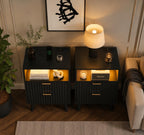 Fluted Nightstand Set of 2 with Charging Station, Black LED Bedside Tables, Modern 2 Drawer End Tables with USB Ports & Open Storage