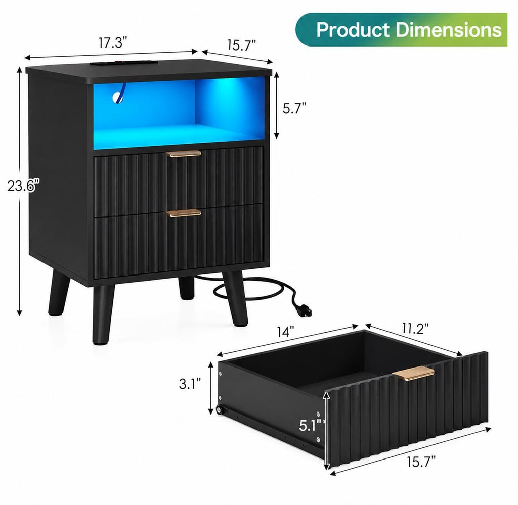 Fluted Nightstand Set of 2 with Charging Station, Black LED Bedside Tables, Modern 2 Drawer End Tables with USB Ports & Open Storage