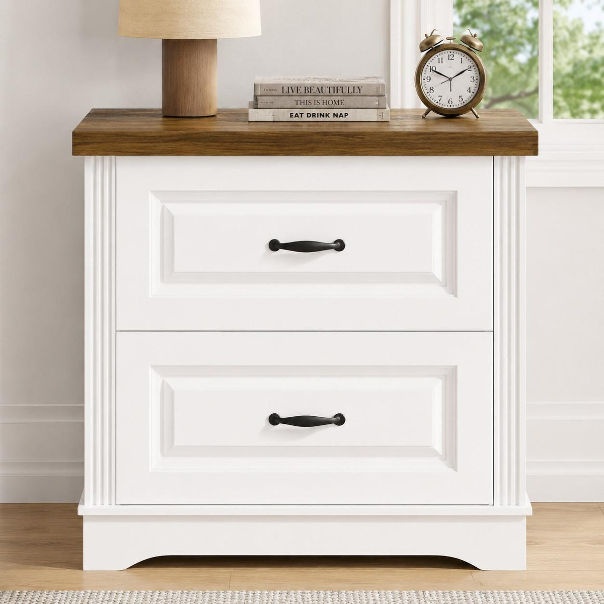 Farmhouse Nightstand, 24" Wide End Table With Two Drawers, White Cabinet Natural Wood Top