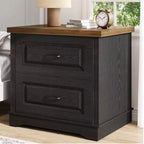 Farmhouse Nightstand, 24" Wide End Table With Two Drawers, White Cabinet Natural Wood Top