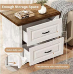 Farmhouse Nightstand, 24" Wide End Table With Two Drawers, White Cabinet Natural Wood Top