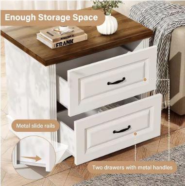 Farmhouse Nightstand, 24" Wide End Table With Two Drawers, White Cabinet Natural Wood Top