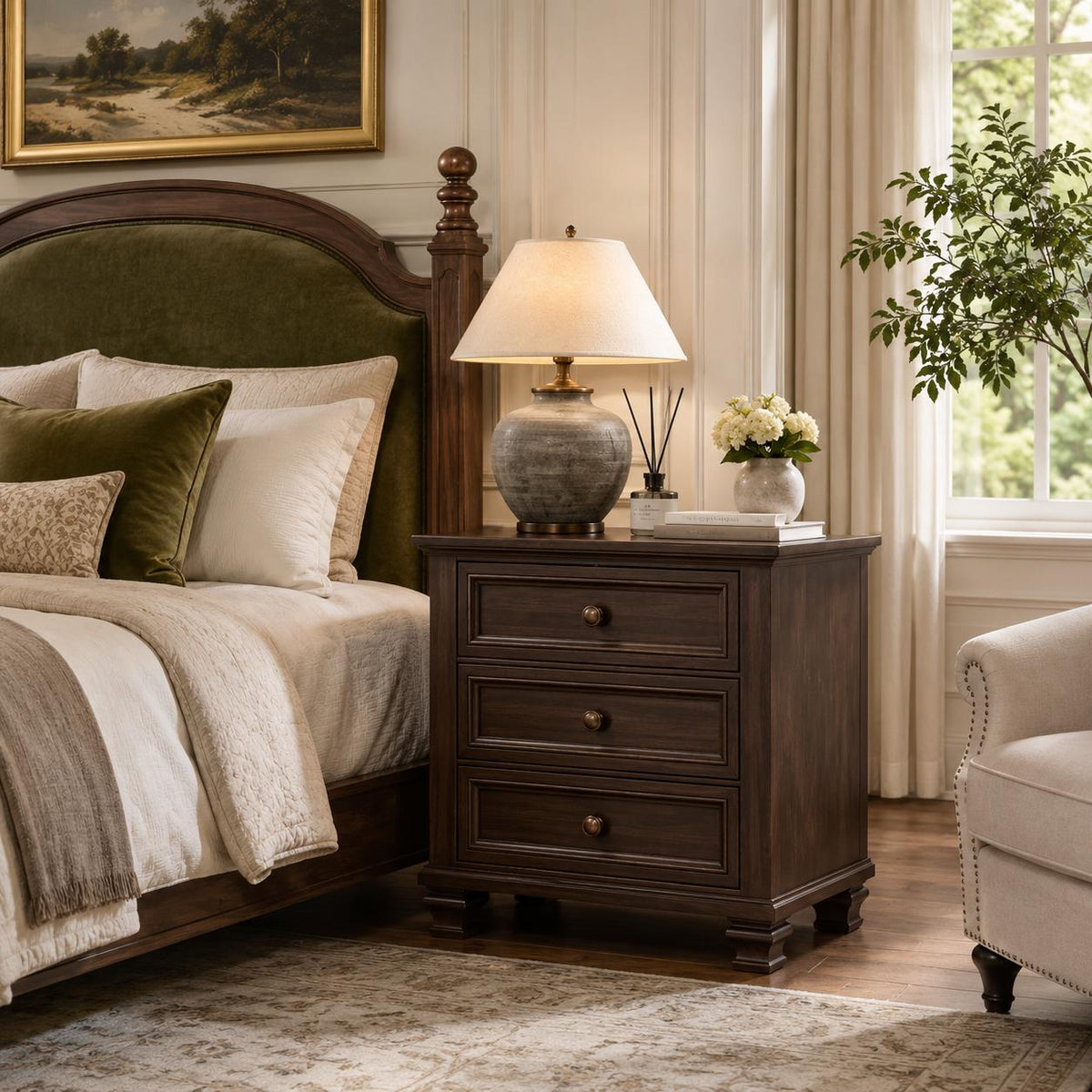 Farmhouse Nightstand Set of 2 with 3 Drawers, Rustic Bedside Tables, Vintage End Tables, Solid Wood Legs, Bedroom Storage Furniture