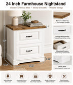 Farmhouse Nightstand, 24" Wide End Table With Two Drawers, White Cabinet Natural Wood Top