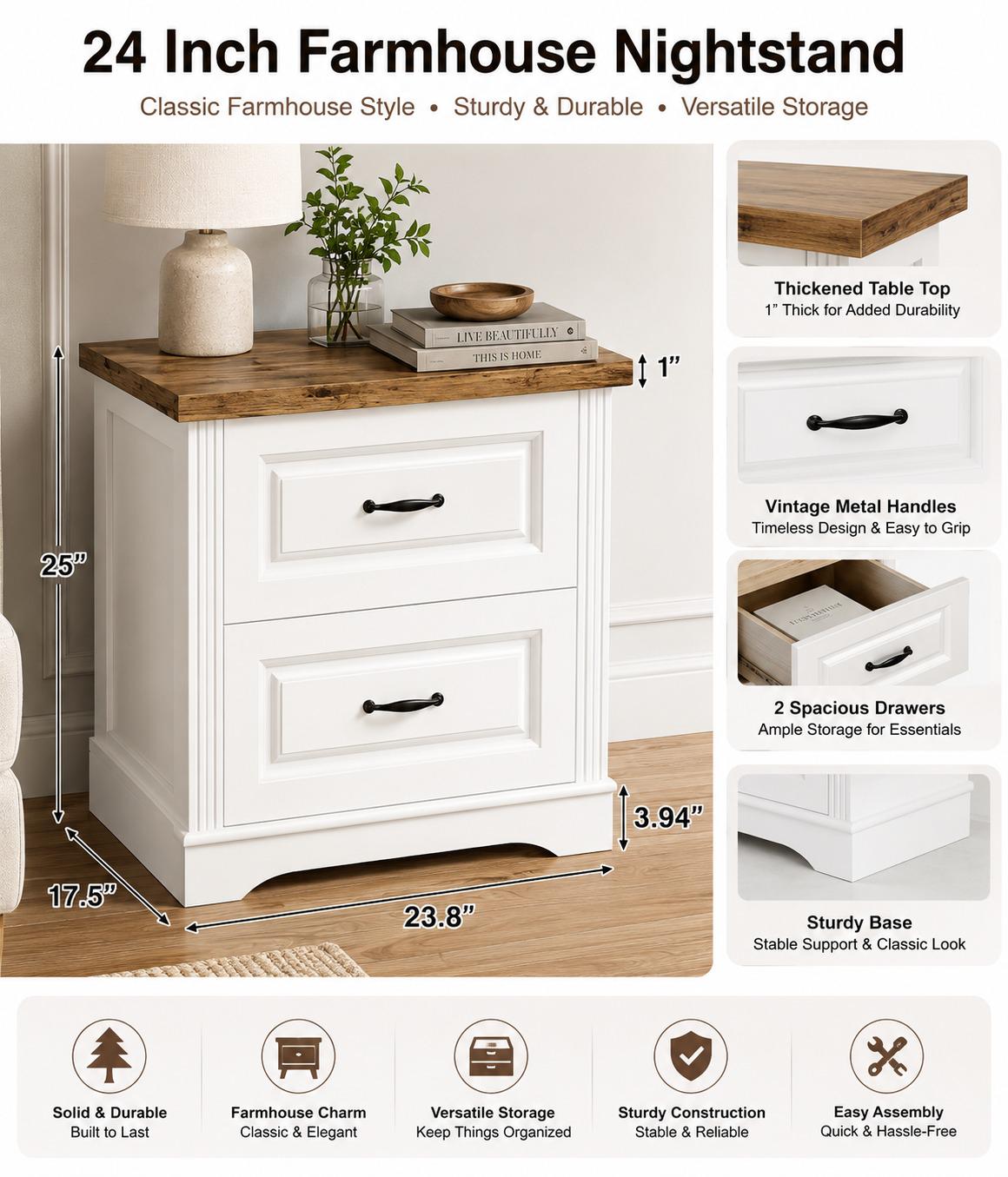 Farmhouse Nightstand, 24" Wide End Table With Two Drawers, White Cabinet Natural Wood Top