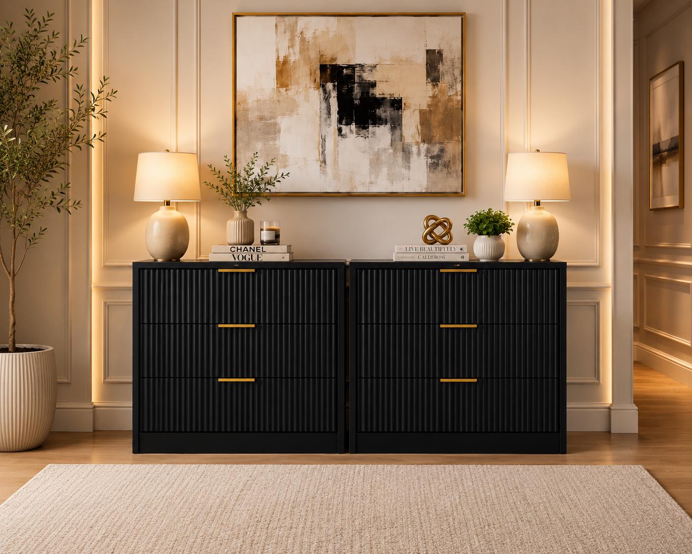 Black Fluted Nightstand Set of 2, 3 Drawer Bedside Tables, Modern End Tables for Bedroom, Living Room Storage Cabinet, Customized