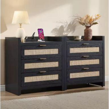 Set of 2 Tall Rattan Nightstands with Type-C Charging Station, 3 Storage Drawers