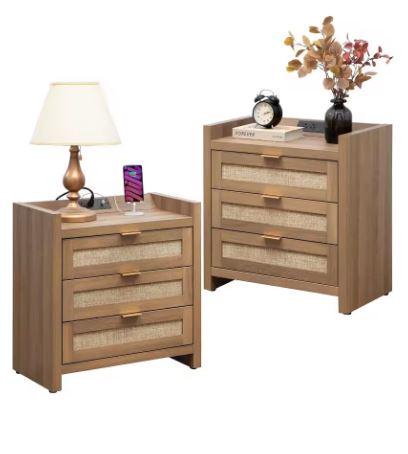 Set of 2 Tall Rattan Nightstands with Type-C Charging Station, 3 Storage Drawers