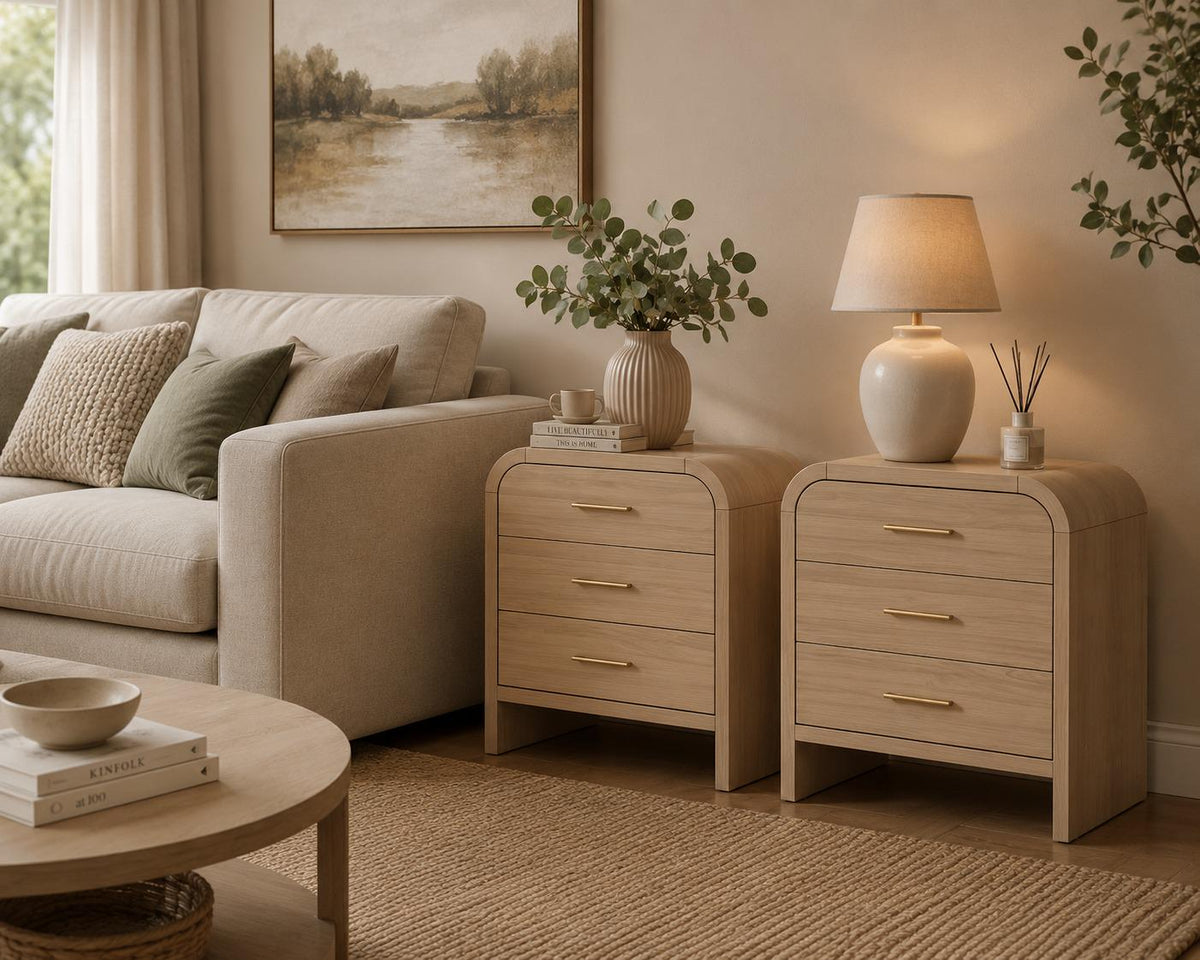 Set of 2 Fluted Storage End Tables with Charging Station, Modern Wood Nightstands