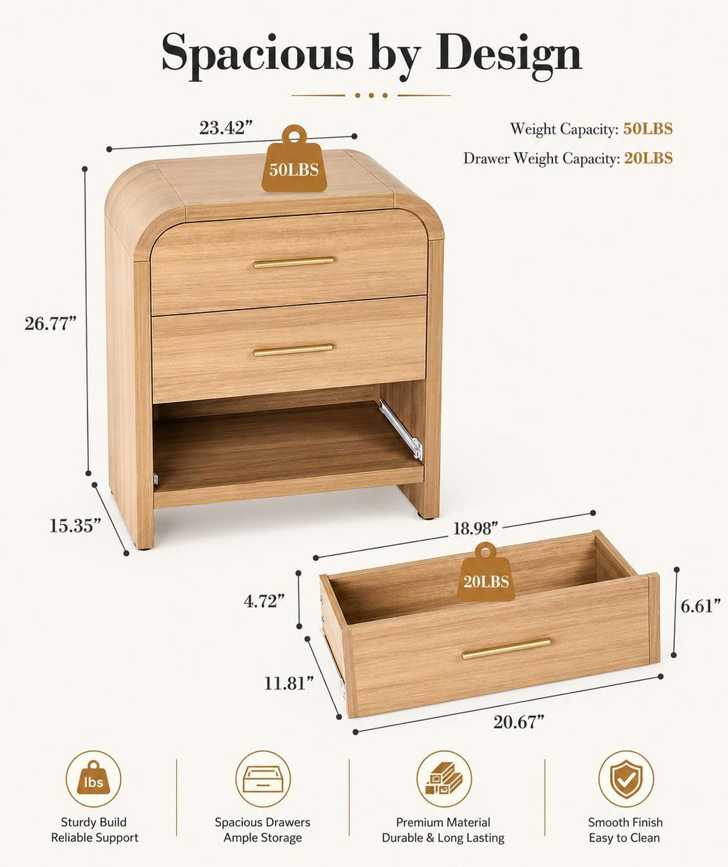 Set of 2 Fluted Storage End Tables with Charging Station, Modern Wood Nightstands